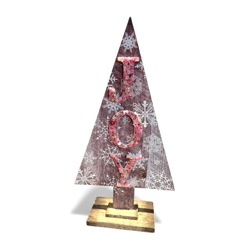 🫶🏼 Upcycled Custom JOY Christmas Tree Wooden Tabletop Decor Rhinestones Glam